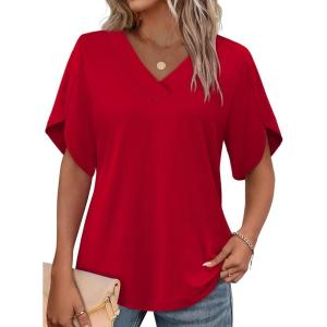 image:imageWIHOLL Womens Summer Tops Short Petal Sleeve Shirts Fashion V Neck Womens Clothing01 Red