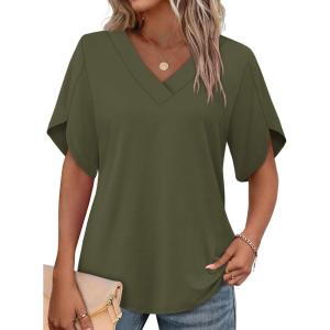 image:imageWIHOLL Womens Summer Tops Short Petal Sleeve Shirts Fashion V Neck Womens Clothing02 Armygreen