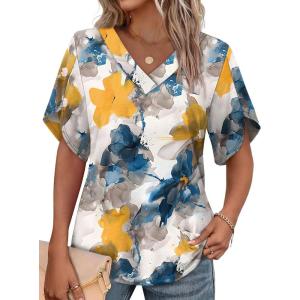 image:imageWIHOLL Womens Summer Tops Short Petal Sleeve Shirts Fashion V Neck Womens ClothingFloral 01