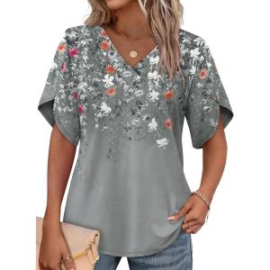 image:imageWIHOLL Womens Summer Tops Short Petal Sleeve Shirts Fashion V Neck Womens ClothingFloral 010