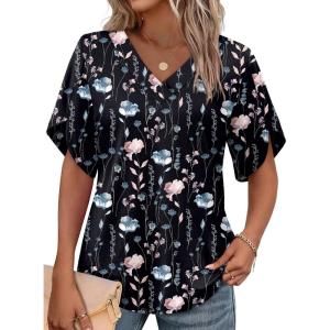 image:imageWIHOLL Womens Summer Tops Short Petal Sleeve Shirts Fashion V Neck Womens ClothingFloral 012