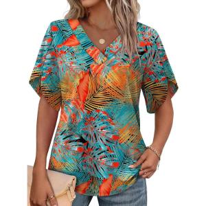 image:imageWIHOLL Womens Summer Tops Short Petal Sleeve Shirts Fashion V Neck Womens ClothingFloral 06