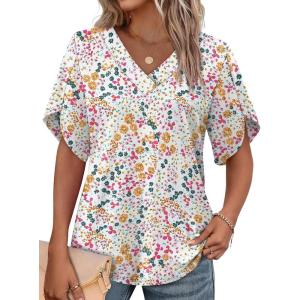 image:imageWIHOLL Womens Summer Tops Short Petal Sleeve Shirts Fashion V Neck Womens ClothingFloral 08