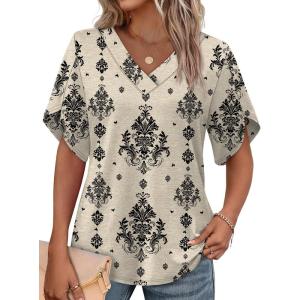 image:imageWIHOLL Womens Summer Tops Short Petal Sleeve Shirts Fashion V Neck Womens ClothingFloral 09