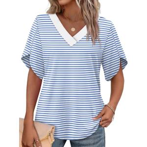 image:imageWIHOLL Womens Summer Tops Short Petal Sleeve Shirts Fashion V Neck Womens ClothingStriped 01