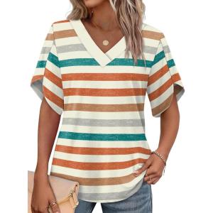 image:imageWIHOLL Womens Summer Tops Short Petal Sleeve Shirts Fashion V Neck Womens ClothingStriped 02