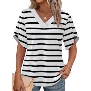 image:imageWIHOLL Womens Summer Tops Short Petal Sleeve Shirts Fashion V Neck Womens ClothingStriped 03