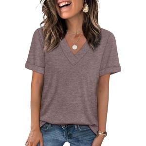 image:imageWIHOLL Womens Summer Tops Short Sleeve Basic Casual V Neck T Shirts Trendy Fashion 2026Brown