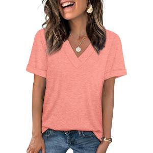 image:imageWIHOLL Womens Summer Tops Short Sleeve Basic Casual V Neck T Shirts Trendy Fashion 2026Coral