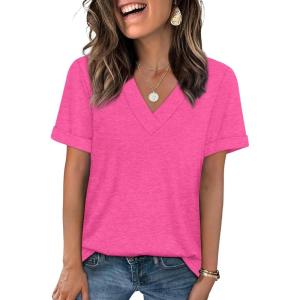 image:imageWIHOLL Womens Summer Tops Short Sleeve Basic Casual V Neck T Shirts Trendy Fashion 2026Hot Pink