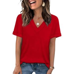 image:imageWIHOLL Womens Summer Tops Short Sleeve Basic Casual V Neck T Shirts Trendy Fashion 2026Red