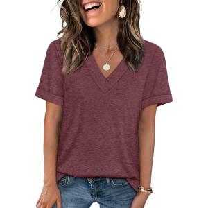 image:imageWIHOLL Womens Summer Tops Short Sleeve Basic Casual V Neck T Shirts Trendy Fashion 2026Wine Red