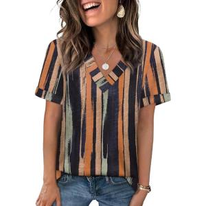 image:imageWIHOLL Womens Summer Tops Short Sleeve Basic Casual V Neck T Shirts Trendy Fashion 2026Z Black Striped Camel