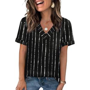 image:imageWIHOLL Womens Summer Tops Short Sleeve Basic Casual V Neck T Shirts Trendy Fashion 2026Z Black Striped White