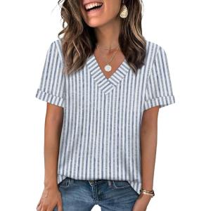 image:imageWIHOLL Womens Summer Tops Short Sleeve Basic Casual V Neck T Shirts Trendy Fashion 2026Z Blue Striped White
