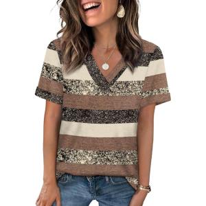 image:imageWIHOLL Womens Summer Tops Short Sleeve Basic Casual V Neck T Shirts Trendy Fashion 2026Z Brown Stripes
