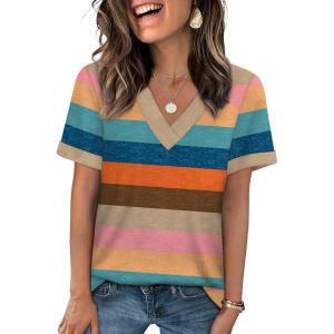 image:imageWIHOLL Womens Summer Tops Short Sleeve Basic Casual V Neck T Shirts Trendy Fashion 2026Z Colorful Stripes