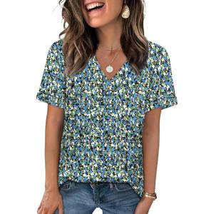 image:imageWIHOLL Womens Summer Tops Short Sleeve Basic Casual V Neck T Shirts Trendy Fashion 2026Z Floral Blue