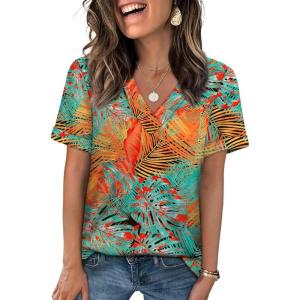 image:imageWIHOLL Womens Summer Tops Short Sleeve Basic Casual V Neck T Shirts Trendy Fashion 2026Z Floral Tropical