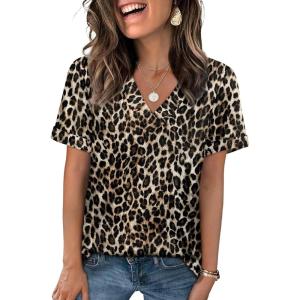 image:imageWIHOLL Womens Summer Tops Short Sleeve Basic Casual V Neck T Shirts Trendy Fashion 2026Z Leopard Print