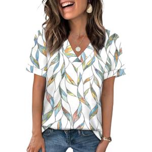 image:imageWIHOLL Womens Summer Tops Short Sleeve Basic Casual V Neck T Shirts Trendy Fashion 2026Z Multi Leaf