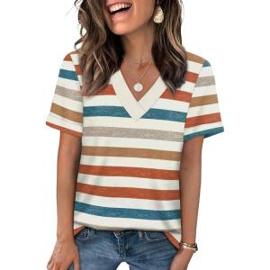 image:imageWIHOLL Womens Summer Tops Short Sleeve Basic Casual V Neck T Shirts Trendy Fashion 2026Z Striped