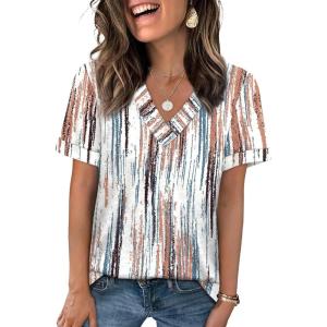 image:imageWIHOLL Womens Summer Tops Short Sleeve Basic Casual V Neck T Shirts Trendy Fashion 2026Z Tiedye Brown