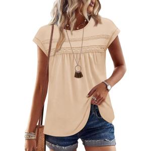 image:imageWIHOLL Womens Summer Tops Trendy 2026 Lace Crochet Cap Short Sleeve Shirts Crew Neck T Shirts Casual Loose BlousesBeige