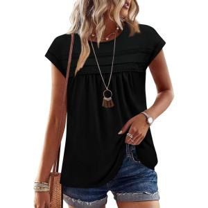 image:imageWIHOLL Womens Summer Tops Trendy 2026 Lace Crochet Cap Short Sleeve Shirts Crew Neck T Shirts Casual Loose BlousesBlack