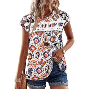 image:imageWIHOLL Womens Summer Tops Trendy 2026 Lace Crochet Cap Short Sleeve Shirts Crew Neck T Shirts Casual Loose BlousesFloral Boho