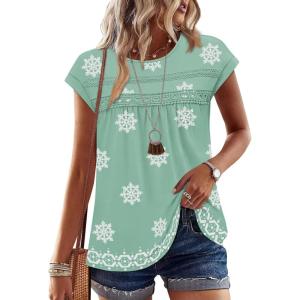 image:imageWIHOLL Womens Summer Tops Trendy 2026 Lace Crochet Cap Short Sleeve Shirts Crew Neck T Shirts Casual Loose BlousesFloral Green