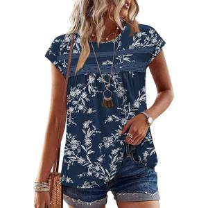 image:imageWIHOLL Womens Summer Tops Trendy 2026 Lace Crochet Cap Short Sleeve Shirts Crew Neck T Shirts Casual Loose BlousesFloral Navy