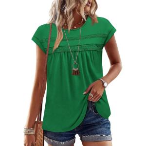 image:imageWIHOLL Womens Summer Tops Trendy 2026 Lace Crochet Cap Short Sleeve Shirts Crew Neck T Shirts Casual Loose BlousesGreen