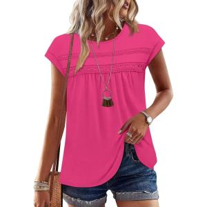 image:imageWIHOLL Womens Summer Tops Trendy 2026 Lace Crochet Cap Short Sleeve Shirts Crew Neck T Shirts Casual Loose BlousesHot Pink