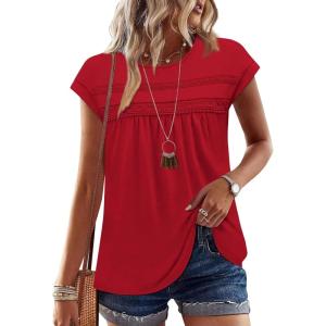 image:imageWIHOLL Womens Summer Tops Trendy 2026 Lace Crochet Cap Short Sleeve Shirts Crew Neck T Shirts Casual Loose BlousesRed