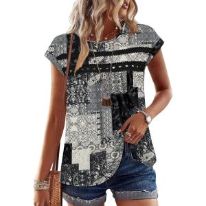 image:imageWIHOLL Womens Summer Tops Trendy 2026 Lace Crochet Cap Short Sleeve Shirts Crew Neck T Shirts Casual Loose BlousesThe Floral Pattern