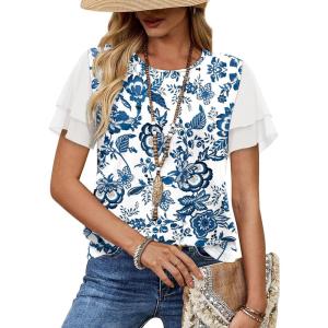 image:imageWIHOLL Womens Summer Tops Trendy Ruffle Sleeve Shirts Casual Chiffon Blouses Beach Vacation Clothes0blue White Florals
