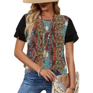image:imageWIHOLL Womens Summer Tops Trendy Ruffle Sleeve Shirts Casual Chiffon Blouses Beach Vacation Clothes1ethnic Print