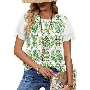 image:imageWIHOLL Womens Summer Tops Trendy Ruffle Sleeve Shirts Casual Chiffon Blouses Beach Vacation ClothesGreen Ethnic Florals