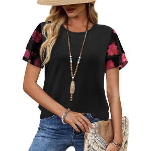 image:imageWIHOLL Womens Summer Tops Trendy Ruffle Sleeve Shirts Casual Chiffon Blouses Beach Vacation ClothesRose