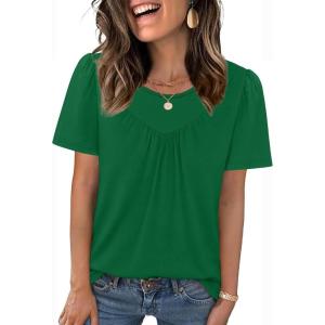 image:imageWIHOLL Womens Summer Tops Trendy Short Sleeve T Shirts Pleated Crewneck Tees Blouses Dressy Casual Outfits Fashion ClothingGreen