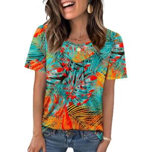 image:imageWIHOLL Womens Summer Tops Trendy Short Sleeve T Shirts Pleated Crewneck Tees Blouses Dressy Casual Outfits Fashion ClothingPrint 5