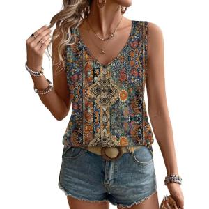 image:imageWIHOLL Womens Tank Tops Loose Casual Summer Tops Eyelet V Neck Basic Sleeveless Shirts Trendy 2026Orange Ethnic Floral