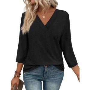 image:imageWIHOLL Womens Tops 34 Length Sleeve V Neck Casual Tunic Tops Basic Shirts Loose Fit BlouseA Black