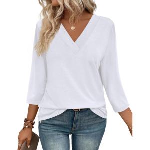 image:imageWIHOLL Womens Tops 34 Length Sleeve V Neck Casual Tunic Tops Basic Shirts Loose Fit BlouseA White