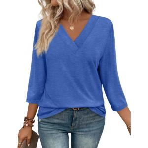 image:imageWIHOLL Womens Tops 34 Length Sleeve V Neck Casual Tunic Tops Basic Shirts Loose Fit BlouseB Blue