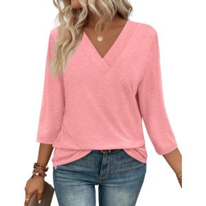 image:imageWIHOLL Womens Tops 34 Length Sleeve V Neck Casual Tunic Tops Basic Shirts Loose Fit BlouseB Coral