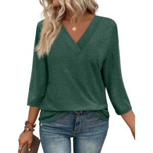 image:imageWIHOLL Womens Tops 34 Length Sleeve V Neck Casual Tunic Tops Basic Shirts Loose Fit BlouseB Green