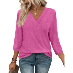 image:imageWIHOLL Womens Tops 34 Length Sleeve V Neck Casual Tunic Tops Basic Shirts Loose Fit BlouseB Hot Pink
