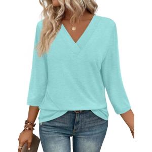 image:imageWIHOLL Womens Tops 34 Length Sleeve V Neck Casual Tunic Tops Basic Shirts Loose Fit BlouseB Lake Green